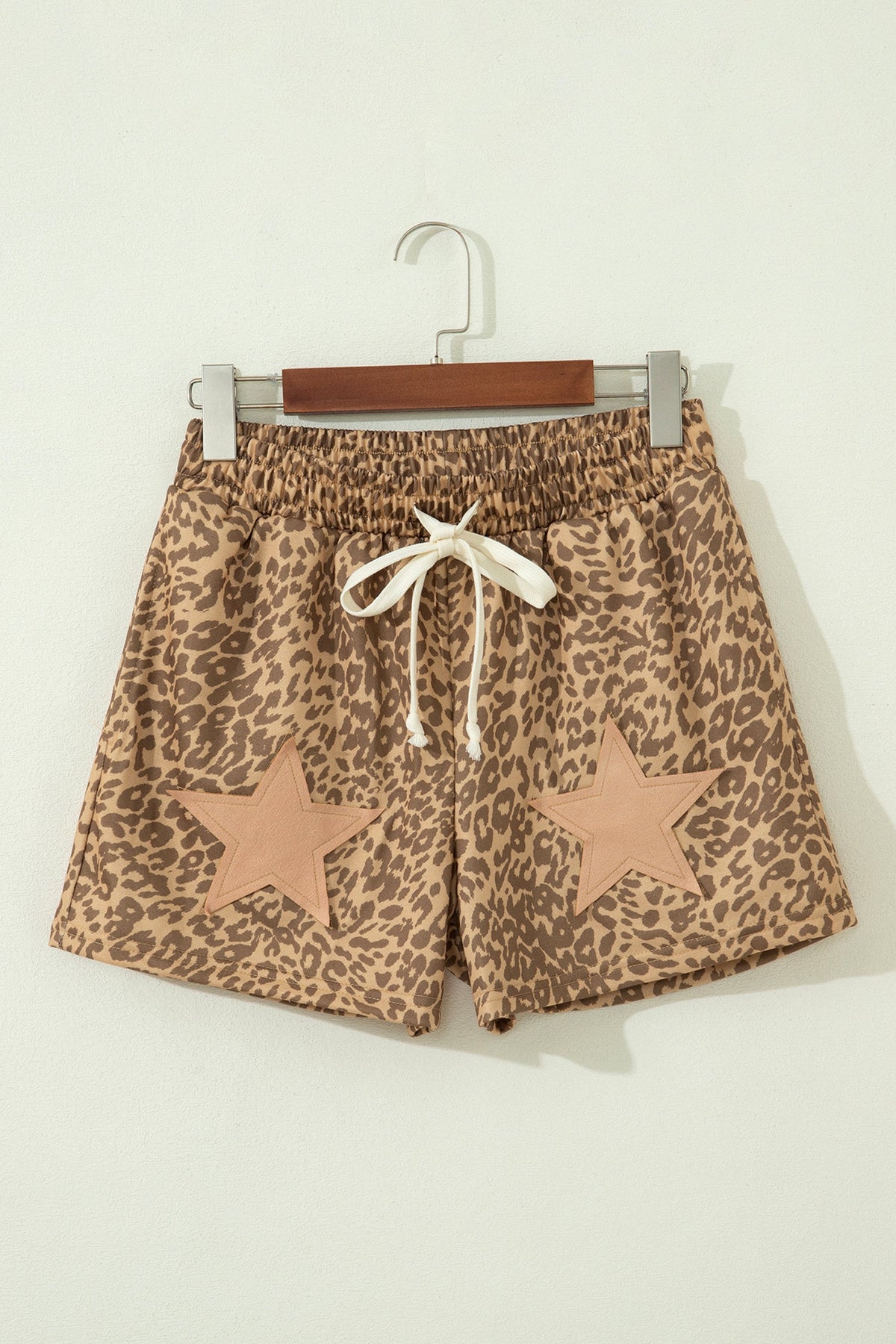 Leopard Star Patch Drawstring Elastic Waist Shorts