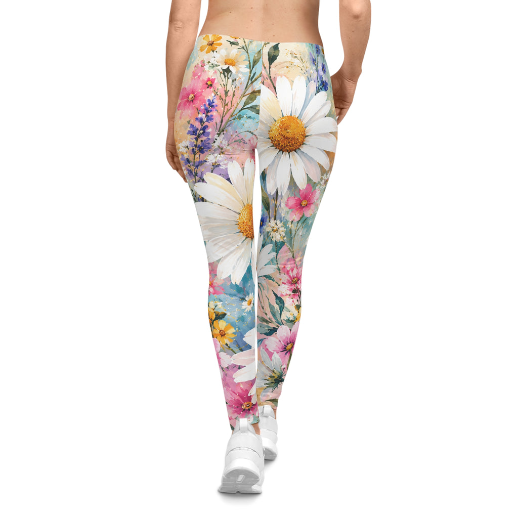 Floral Daisy Watercolor Leggings — Women's Spring Garden Activewear