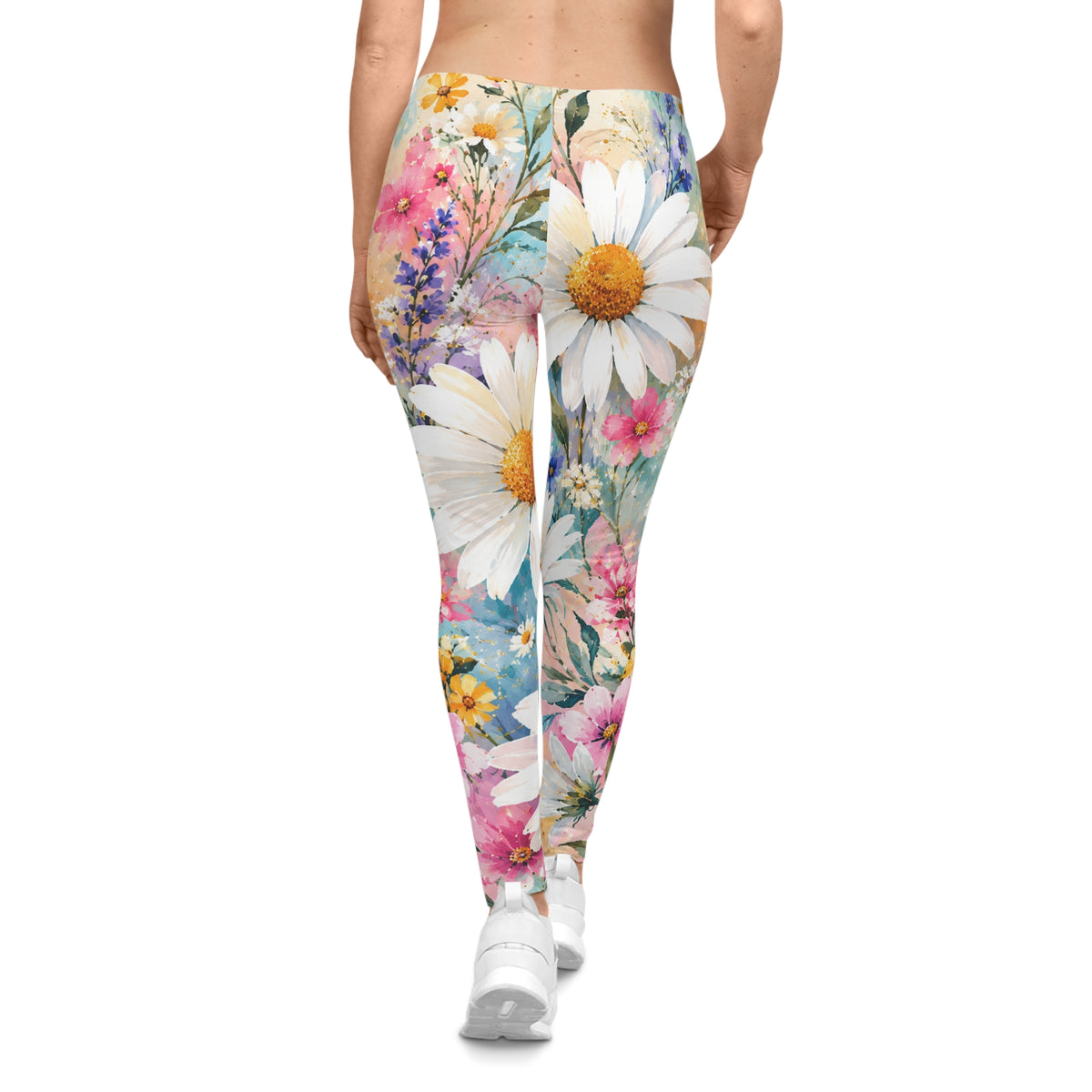 Floral Daisy Watercolor Leggings — Women's Spring Garden Activewear