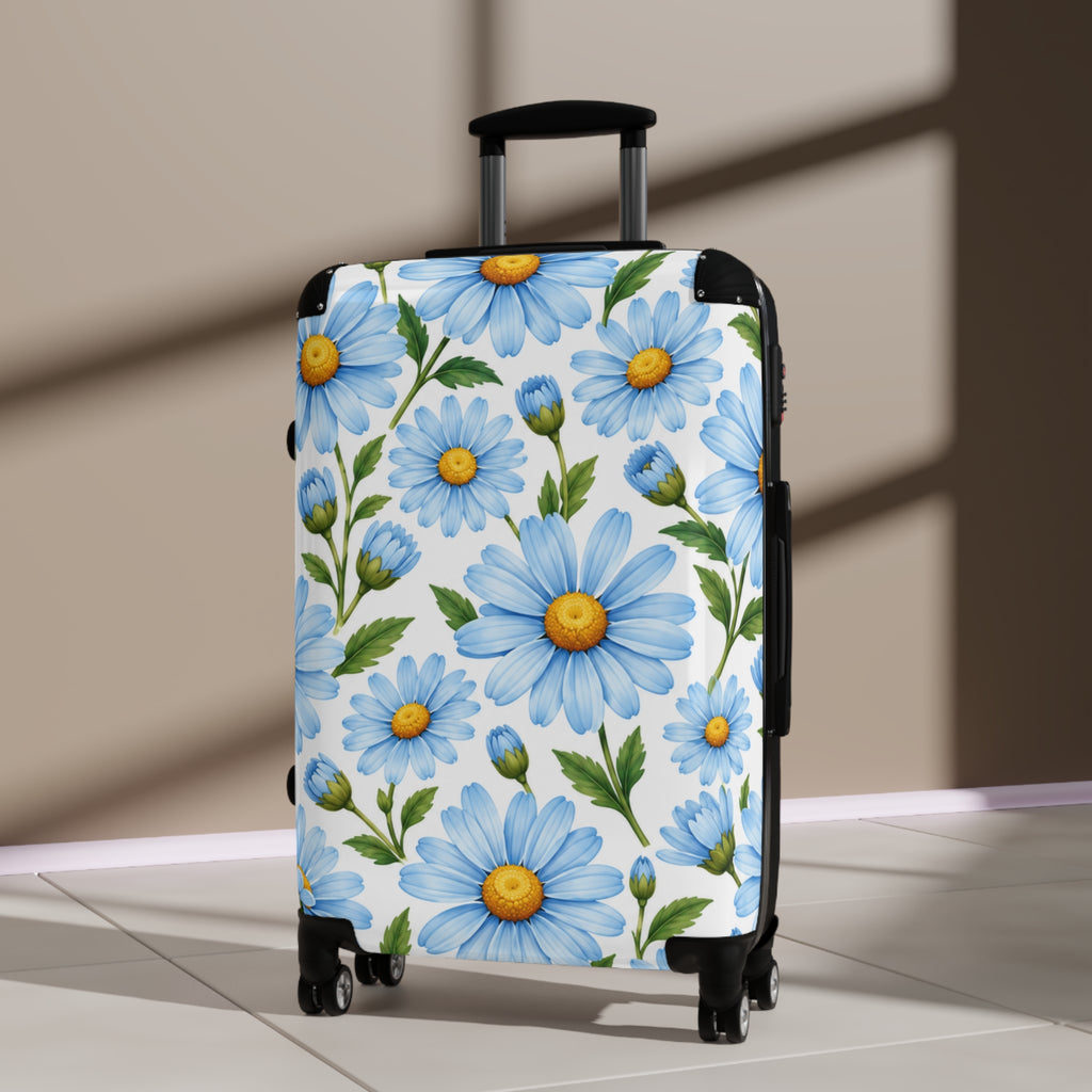 Blue Daisy Floral Suitcase – Lightweight Rolling Carry-On Travel Luggage