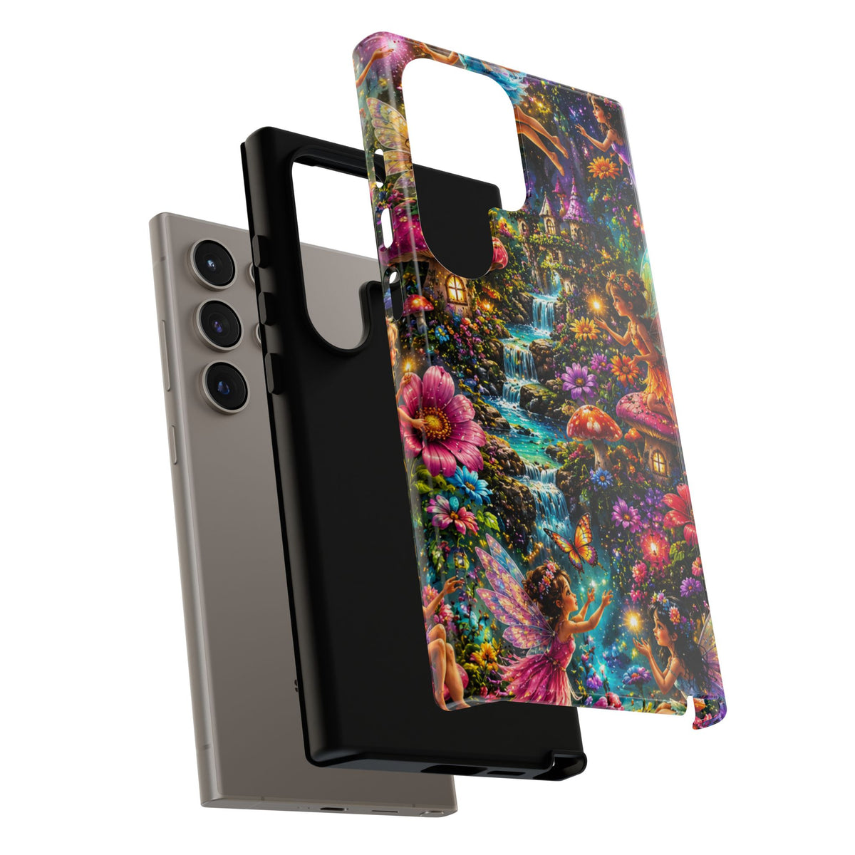 Fairy Garden Tough Phone Case — Whimsical Cottage, Waterfall & Mushroom Artwork