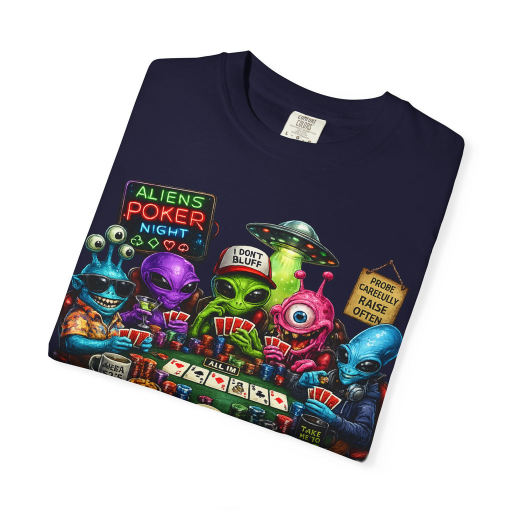 Aliens Poker Night T-shirt | Funny UFO Casino Card Game Design