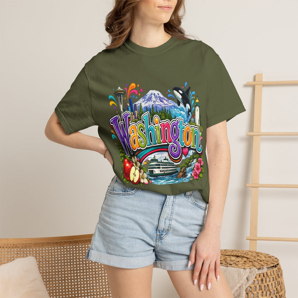 Washington State Scene T-shirt | Seattle Skyline, Orca, Apples