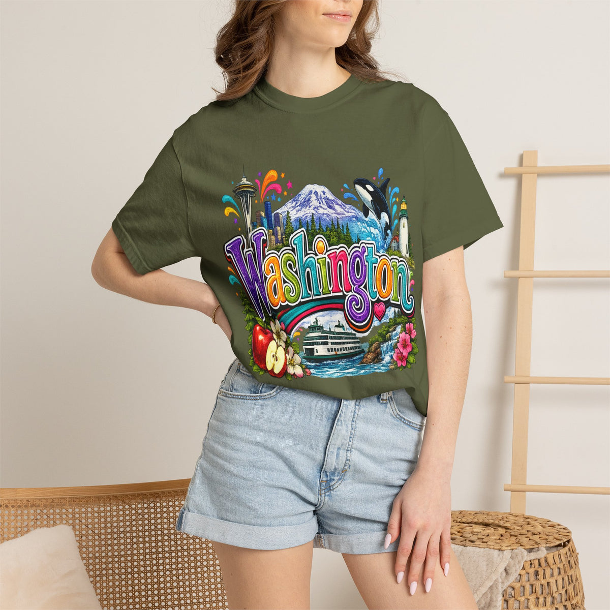 Washington State Scene T-shirt | Seattle Skyline, Orca, Apples