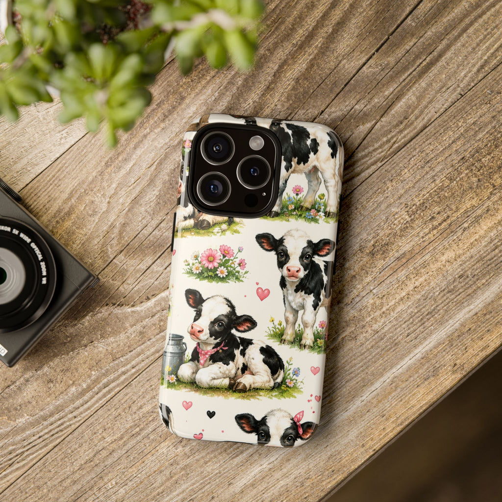 Cute Calf Pattern Phone Case – Pastel Cow Hearts & Flowers Protective Cover
