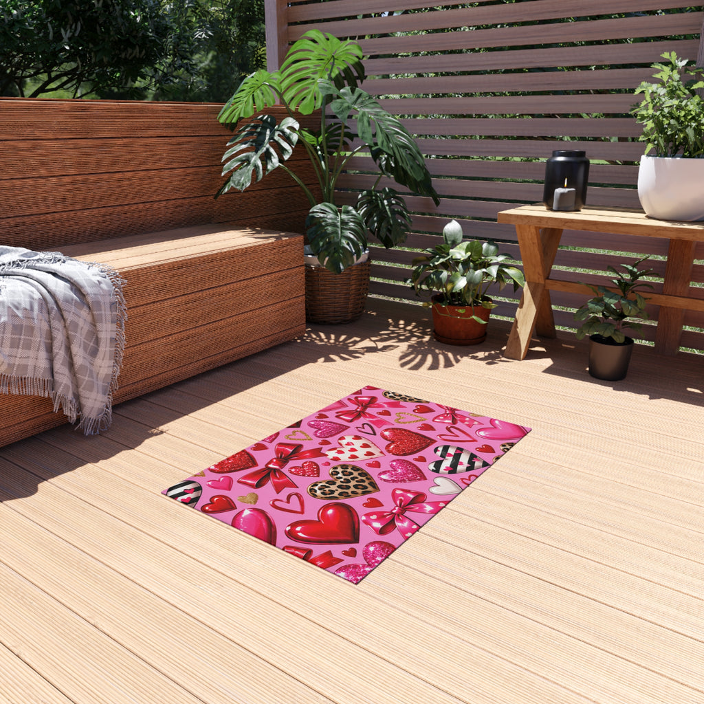 Valentine Heart Pattern Outdoor Rug - Pink Hearts & Bows Patio Mat