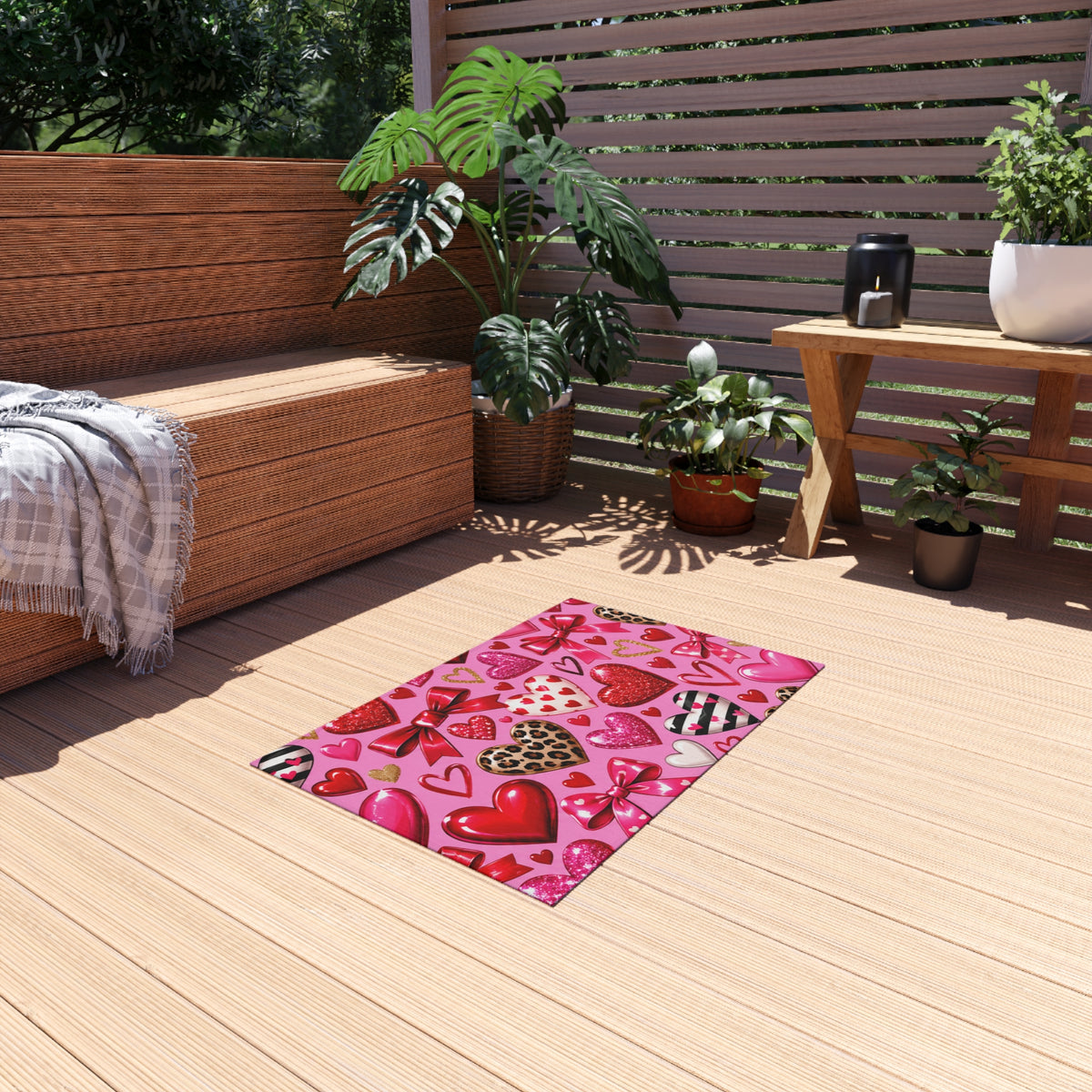 Valentine Heart Pattern Outdoor Rug - Pink Hearts & Bows Patio Mat