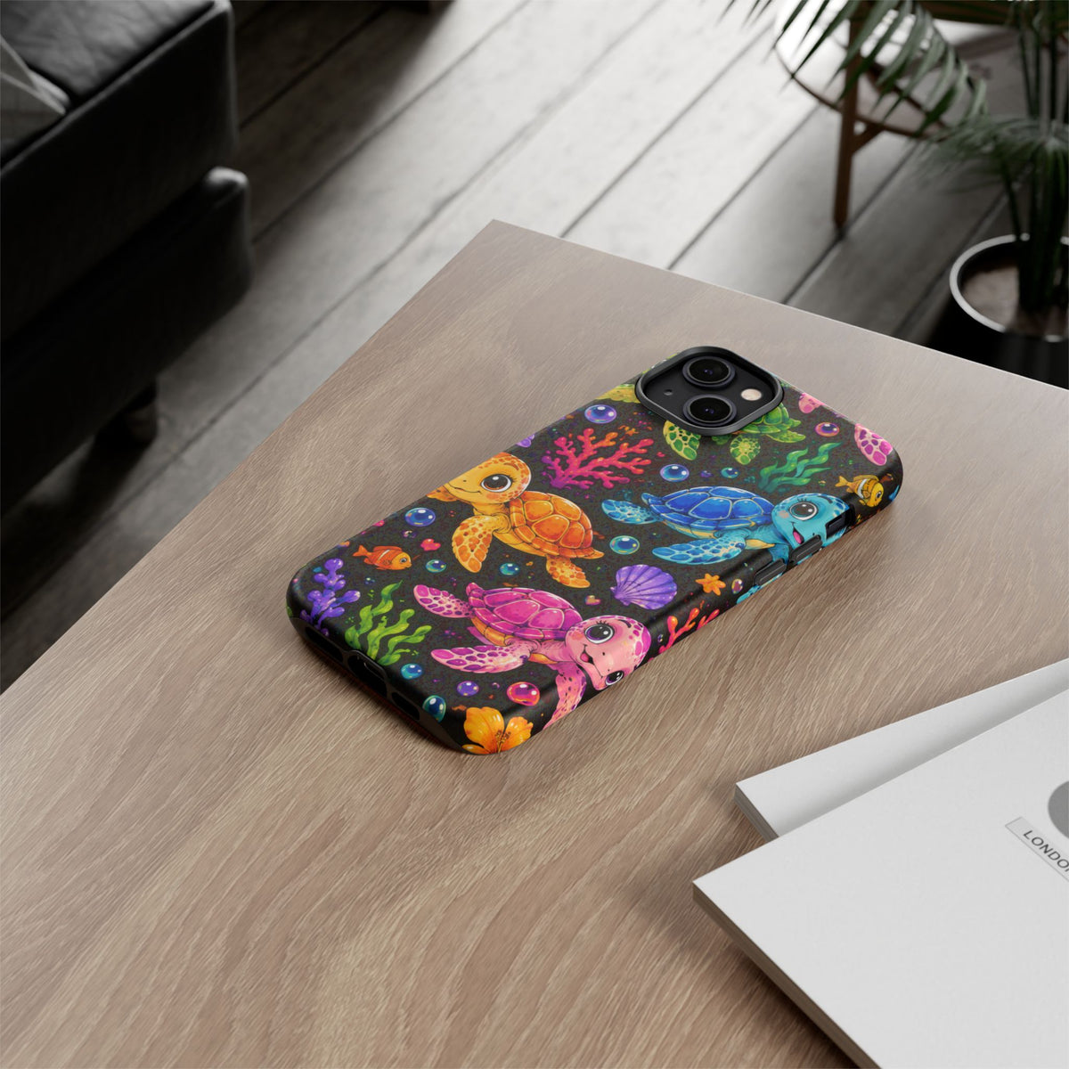 Phone Case — Colorful Cute Sea Turtles on Black (Protective Smartphone Cover)