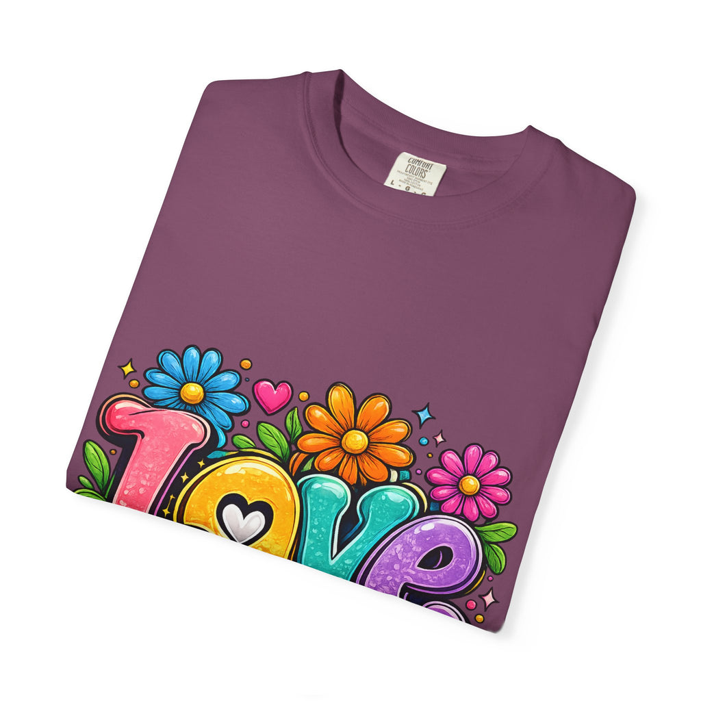 Retro Floral "Love" Design T-shirt | Colorful 70s Heart Typography