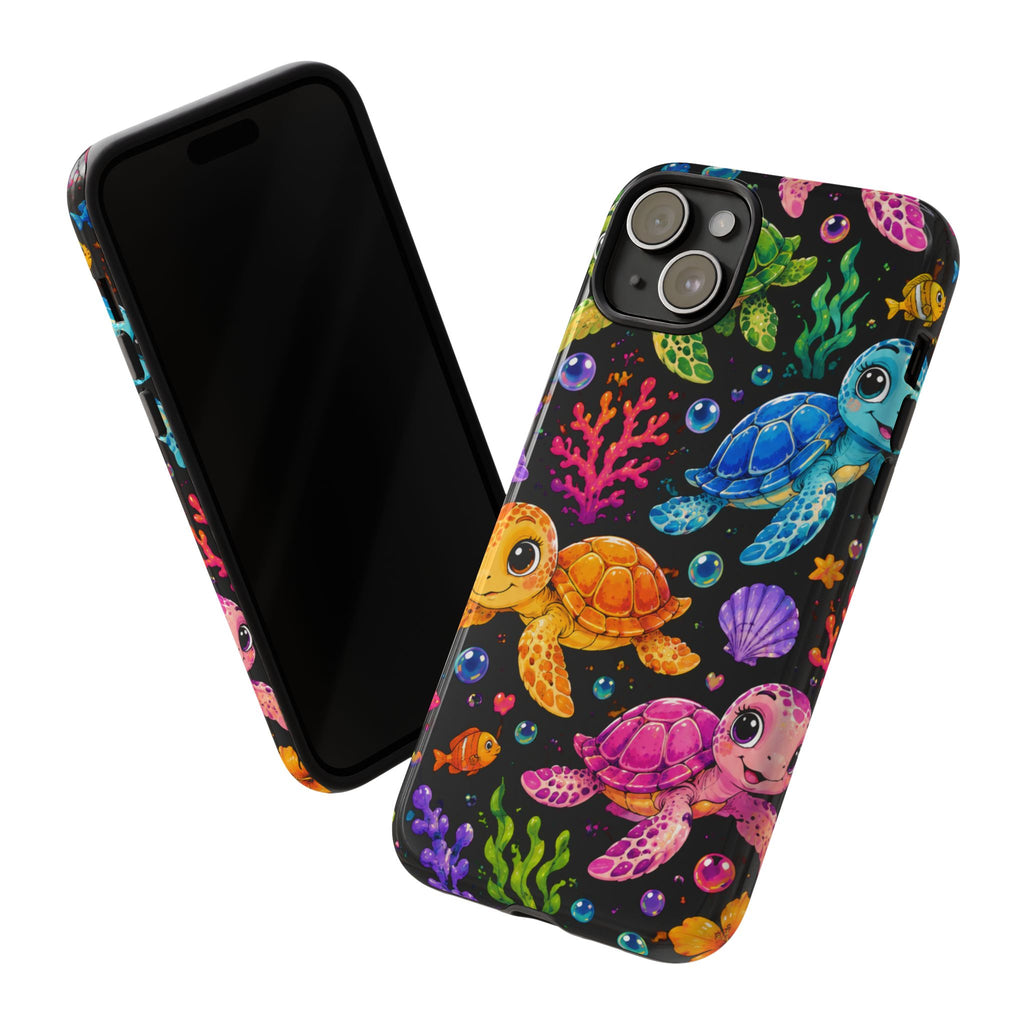 Phone Case — Colorful Cute Sea Turtles on Black (Protective Smartphone Cover)