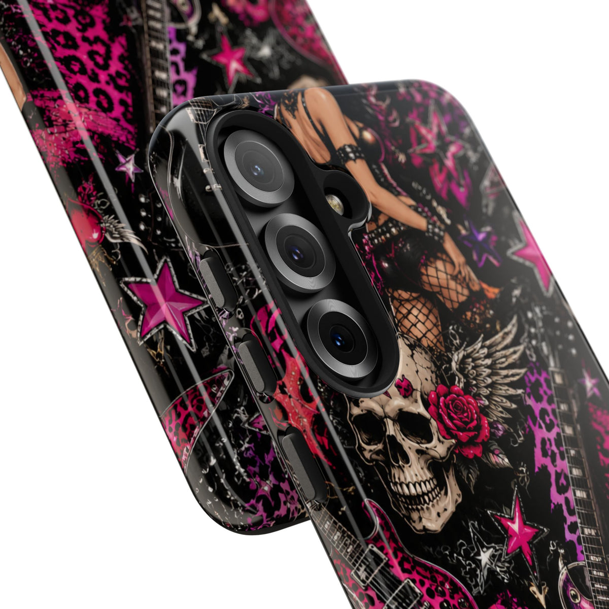 Rock Skull Guitar Phone Case — Edgy Pink Skull & Roses Tough Phone Case