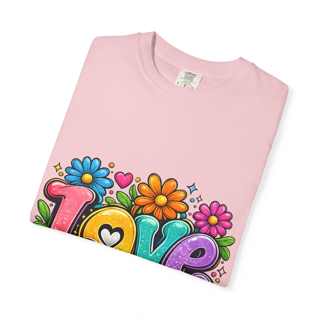 Retro Floral "Love" Design T-shirt | Colorful 70s Heart Typography