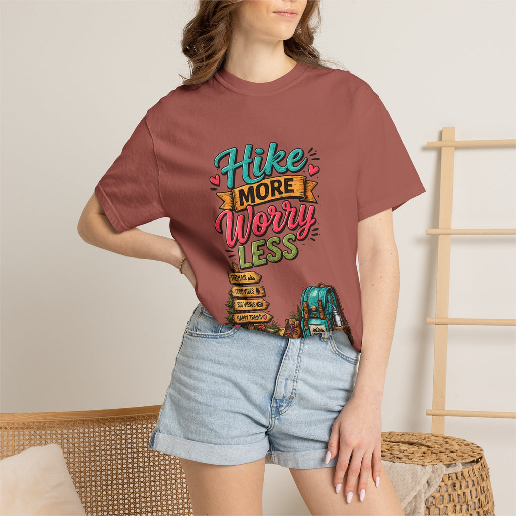 Hike More Worry Less T-Shirt | Hiking Backpack Trail Sign Tee
