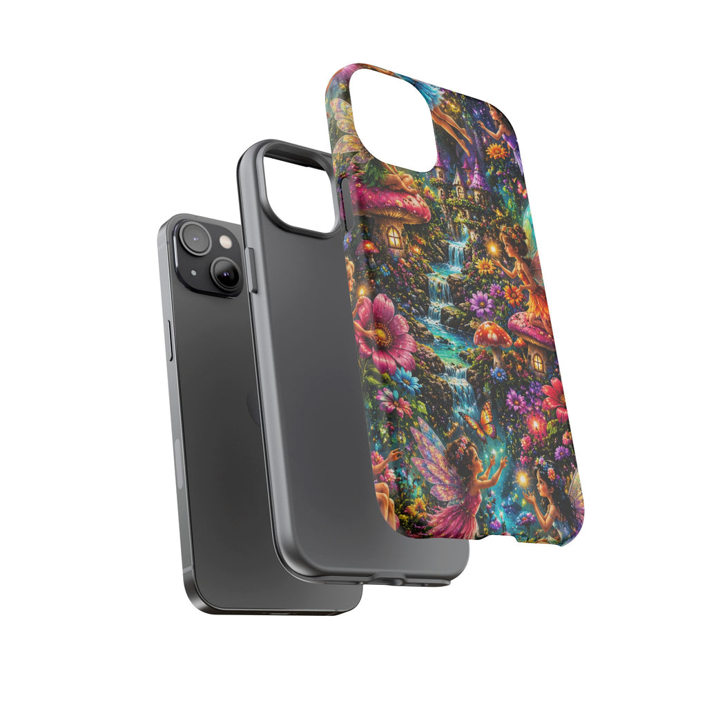 Fairy Garden Tough Phone Case — Whimsical Cottage, Waterfall & Mushroom Artwork