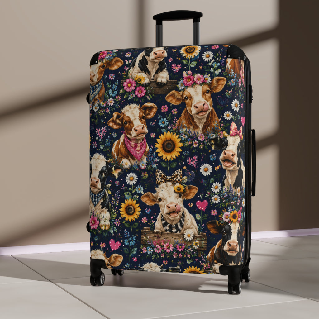 Cow Floral Suitcase – Cute Cow Print Carry-On Luggage with Sunflowers