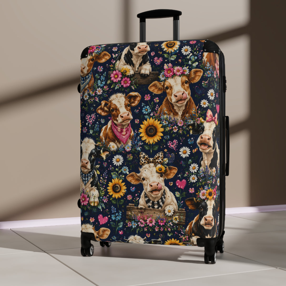 Cow Floral Suitcase – Cute Cow Print Carry-On Luggage with Sunflowers