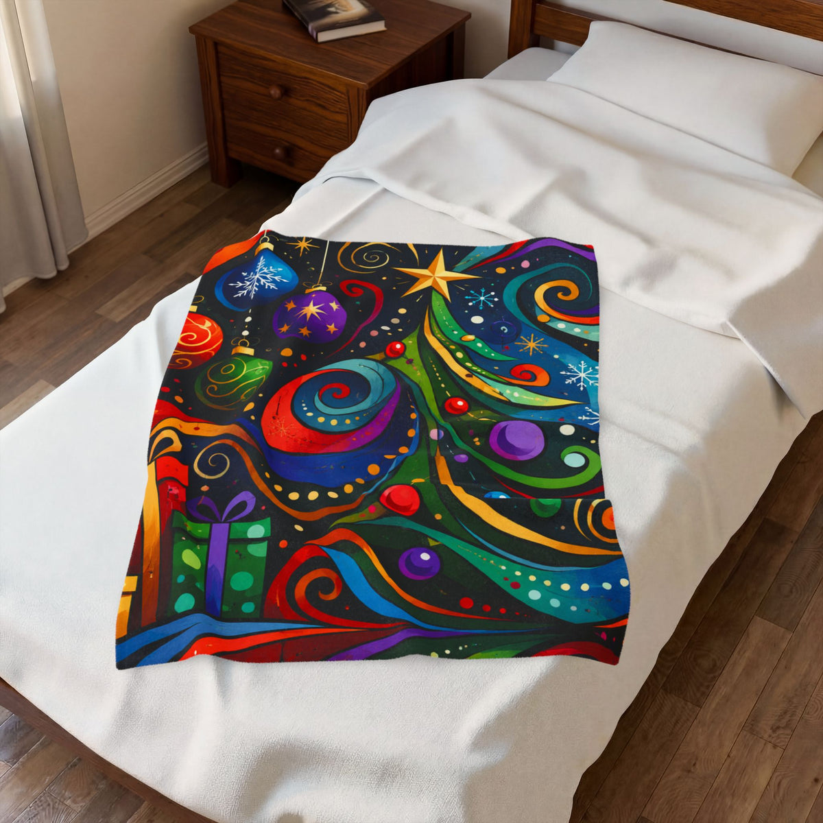 Colorful Swirl Christmas Tree Velveteen Plush Blanket | Holiday Ornaments