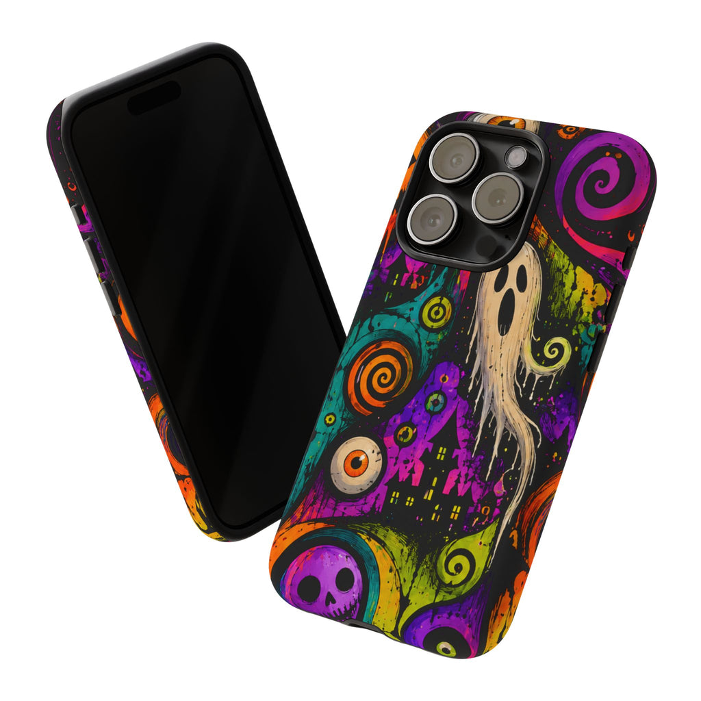 Halloween Ghost Phone Case — Colorful Spooky Skull & Haunted House Tough Case