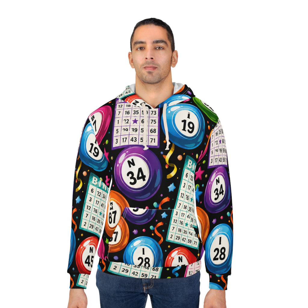 Bingo Night All-Over Print Hoodie — Colorful Bingo Balls & Cards