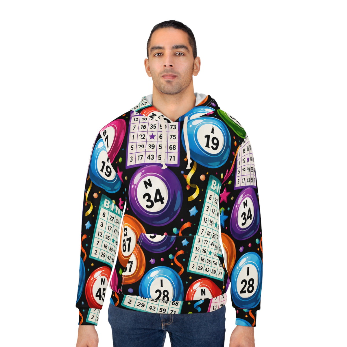 Bingo Night All-Over Print Hoodie — Colorful Bingo Balls & Cards