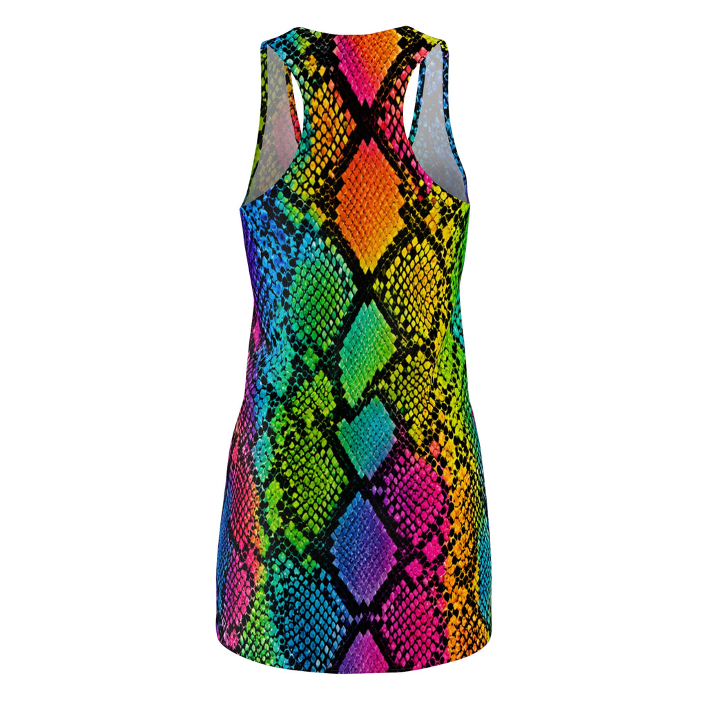 Rainbow Snakeprint Racerback Dress — Vibrant All-Over-Print Bodycon