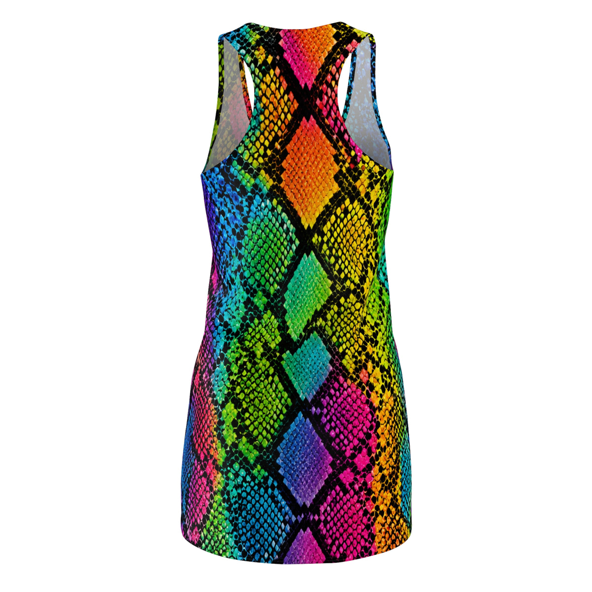 Rainbow Snakeprint Racerback Dress — Vibrant All-Over-Print Bodycon