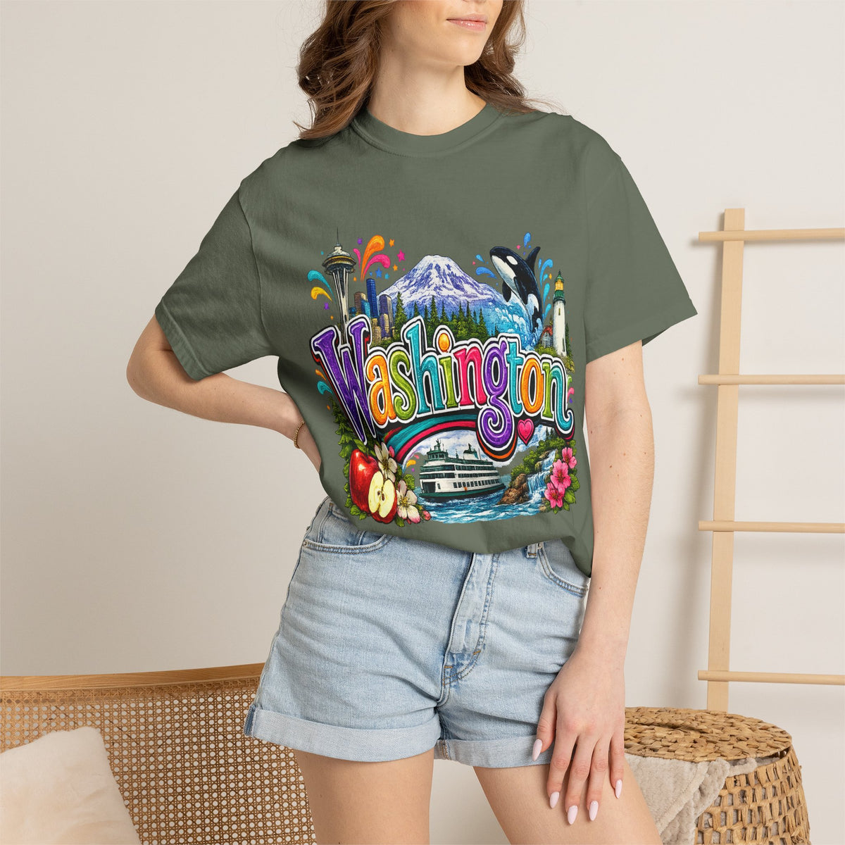 Washington State Scene T-shirt | Seattle Skyline, Orca, Apples