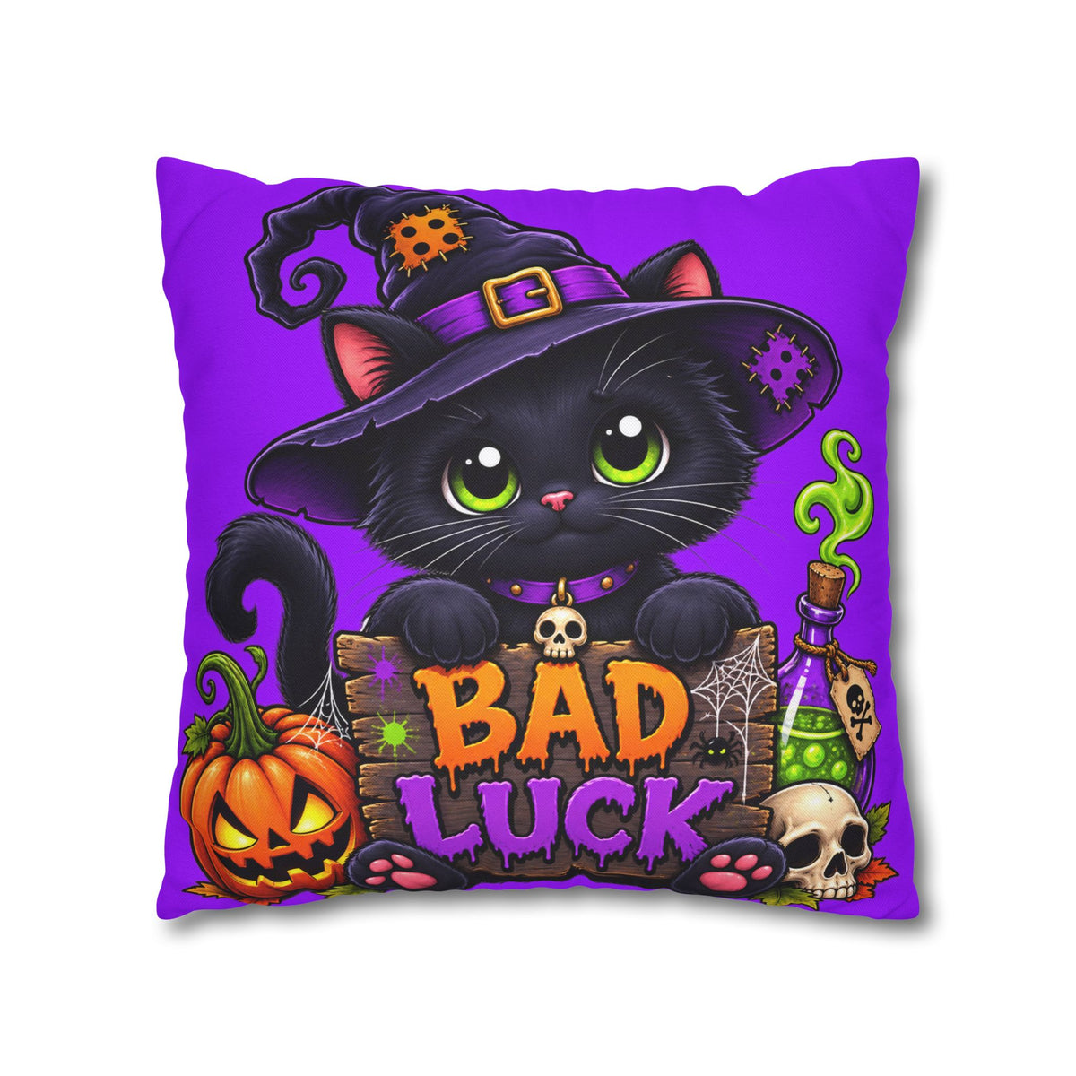Halloween Black Cat Pillowcase — "Bad Luck" Spooky Cute Decorative Pillow