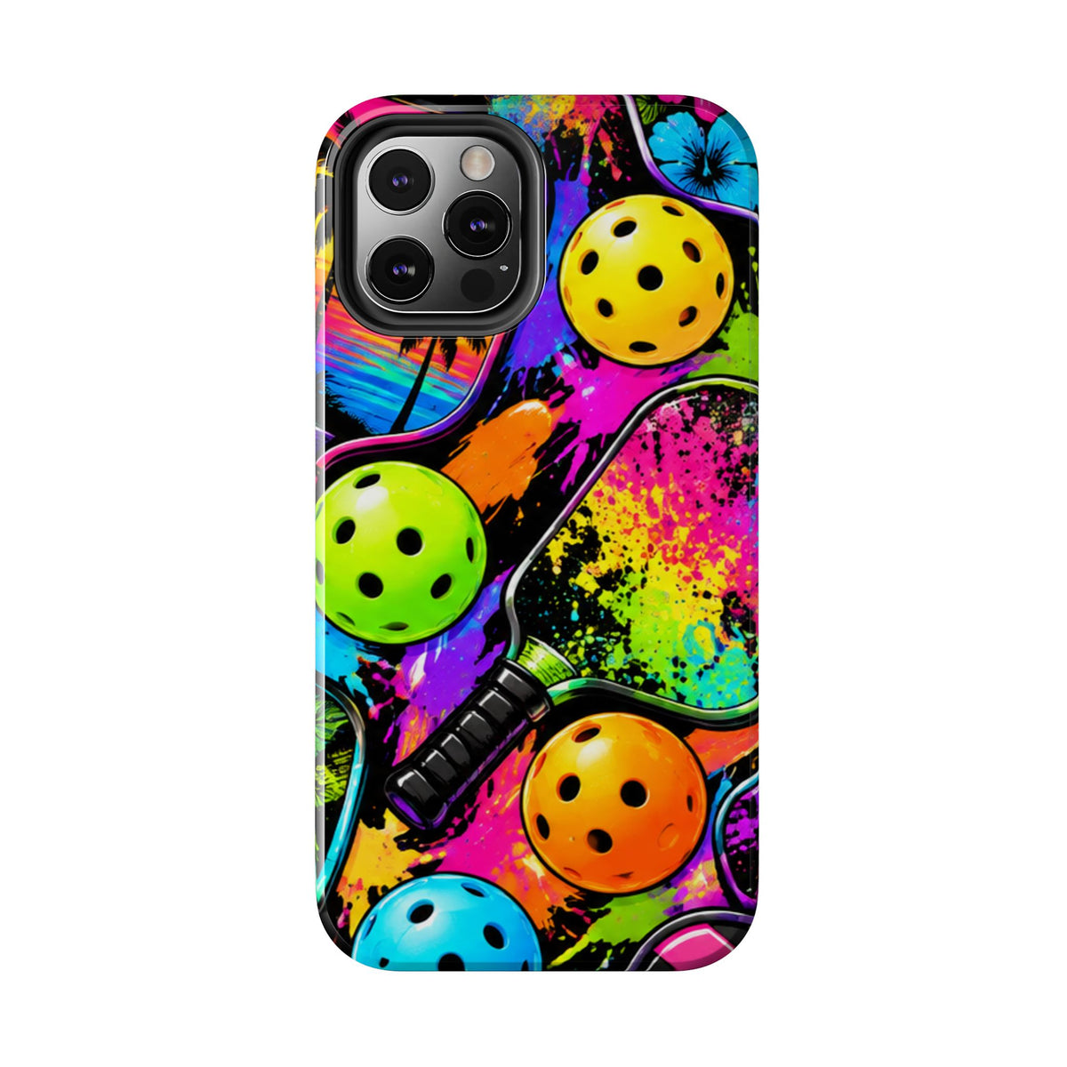 Pickleball Splash Tough Phone Case — Neon Paddle & Ball Protective Cover