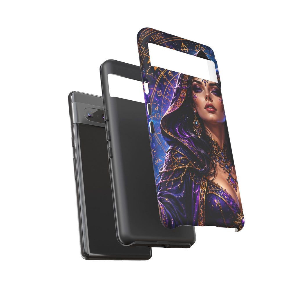Phone Case — Mystical Sorceress Art Protective Tough Case (Astrology, Purple Hooded Witch)