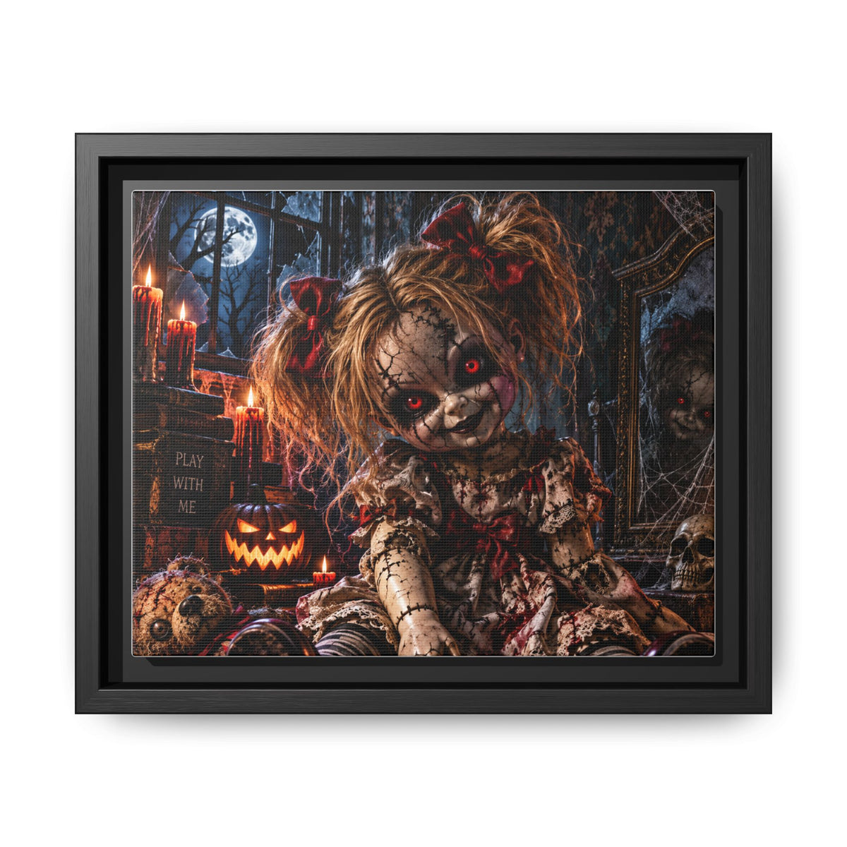 Creepy Halloween Doll Matte Framed Canvas — Spooky Haunted Nursery Wall Art