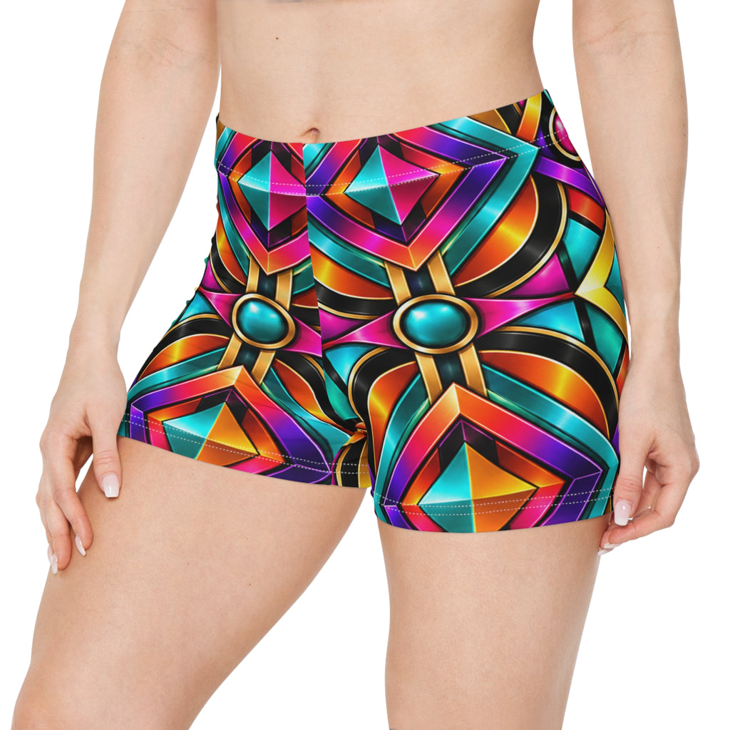 Geometric Neon Mosaic Women's Shorts — Bright Kaleidoscope AOP