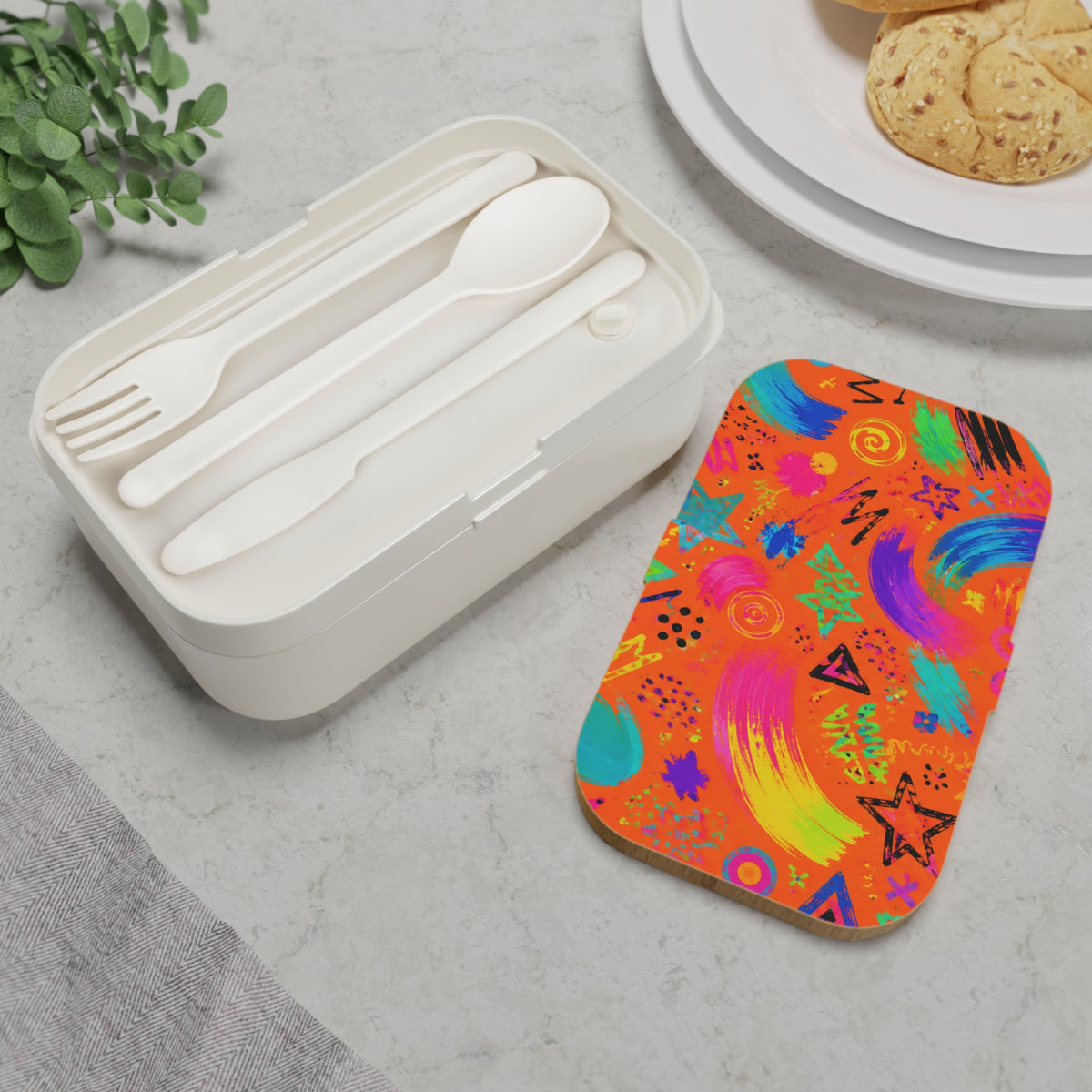 Colorful Graffiti Bento Lunch Box — Neon Paint Stars & Swirls