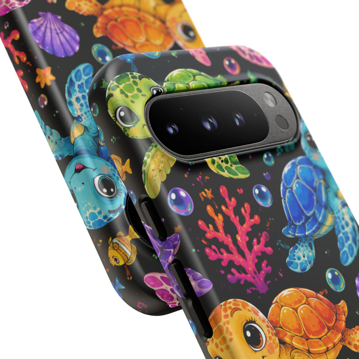Phone Case — Colorful Cute Sea Turtles on Black (Protective Smartphone Cover)