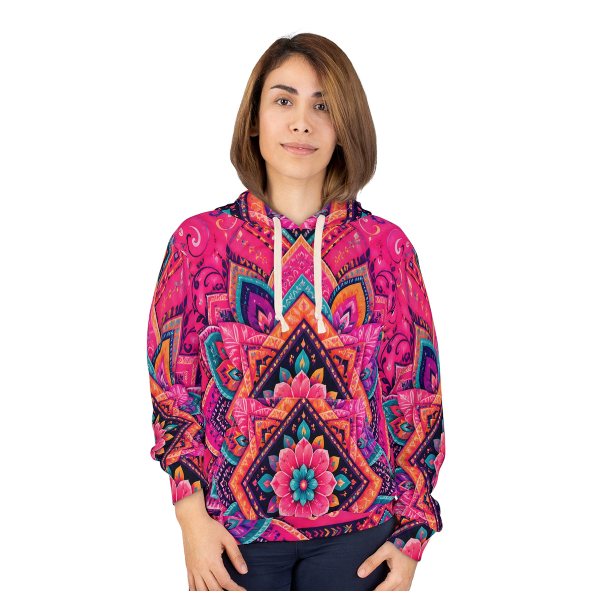 Mandala Floral Hoodie — Vibrant Pink Boho All-Over Print