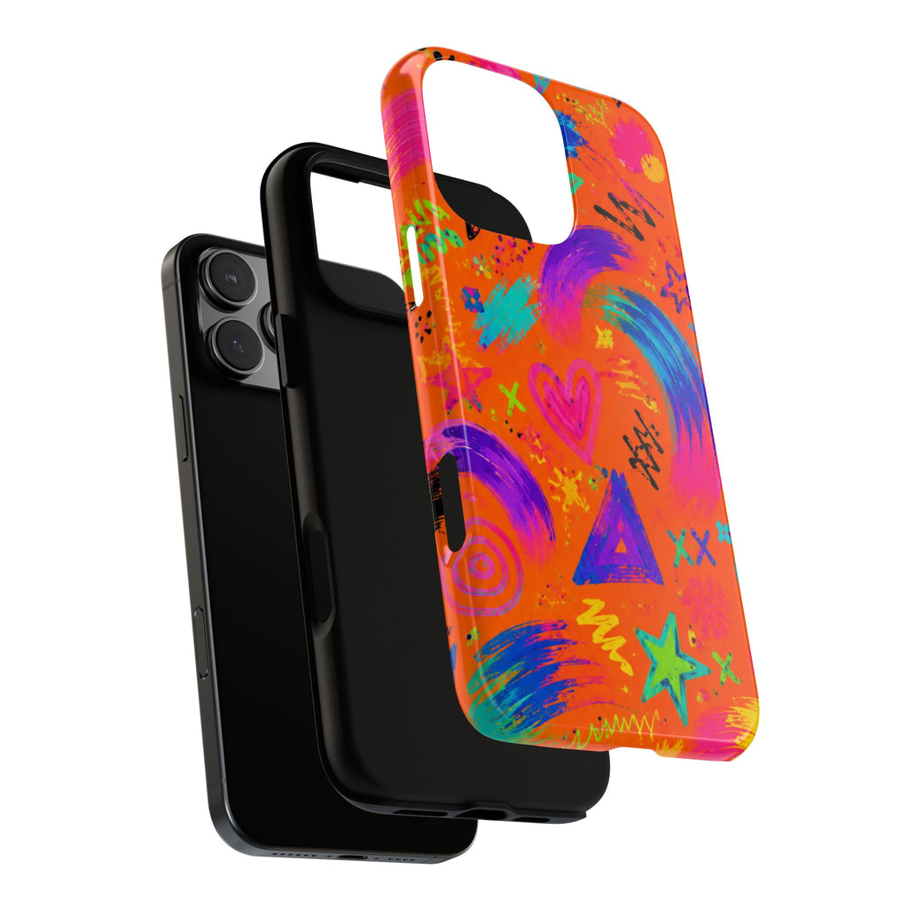 Colorful Neon Doodle Phone Case — Bright Abstract Stars & Hearts Tough Case