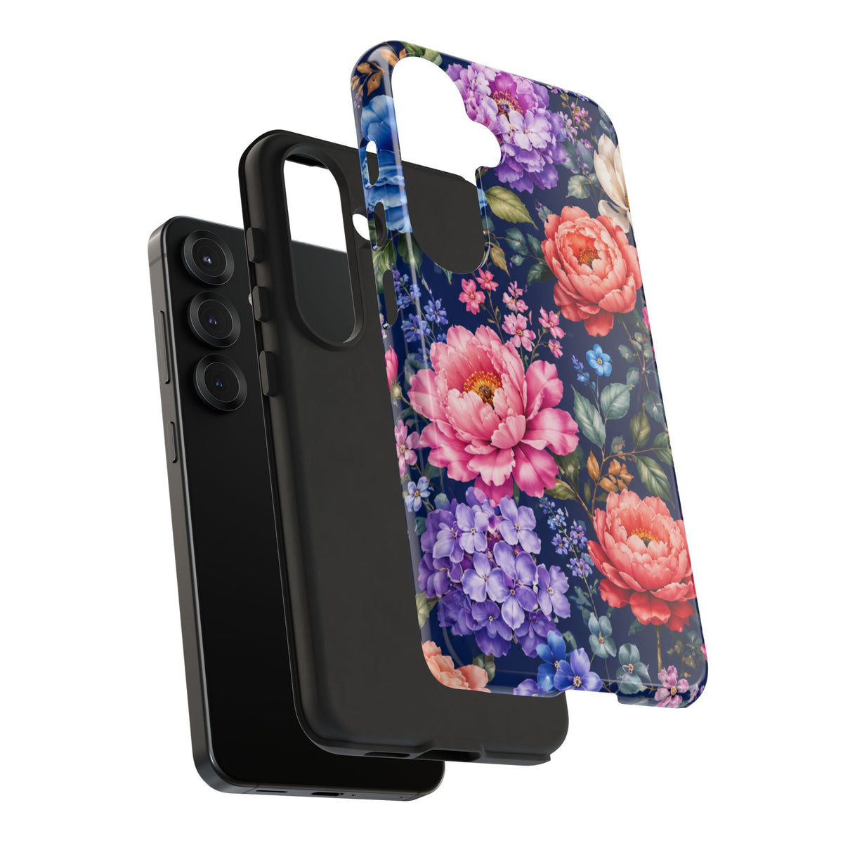 Floral Tough Phone Case – Vibrant Garden Flowers on Navy