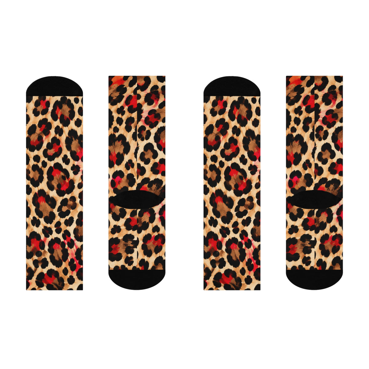 Leopard Print Crew Socks — Cushioned Animal Print Socks with Red Accent