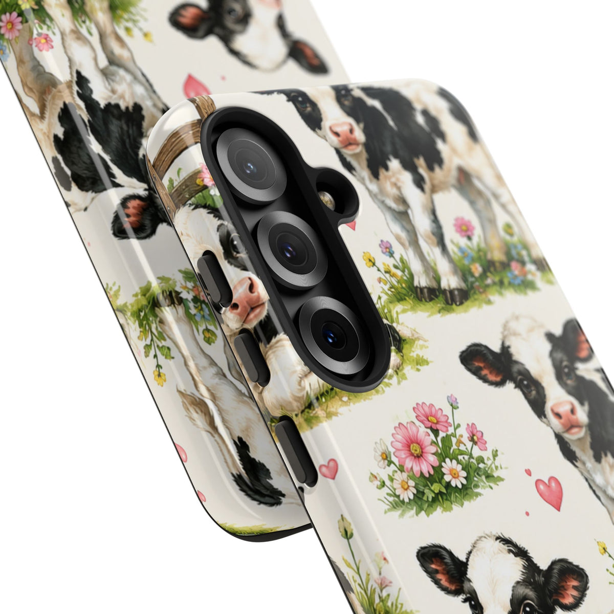 Cute Calf Pattern Phone Case – Pastel Cow Hearts & Flowers Protective Cover