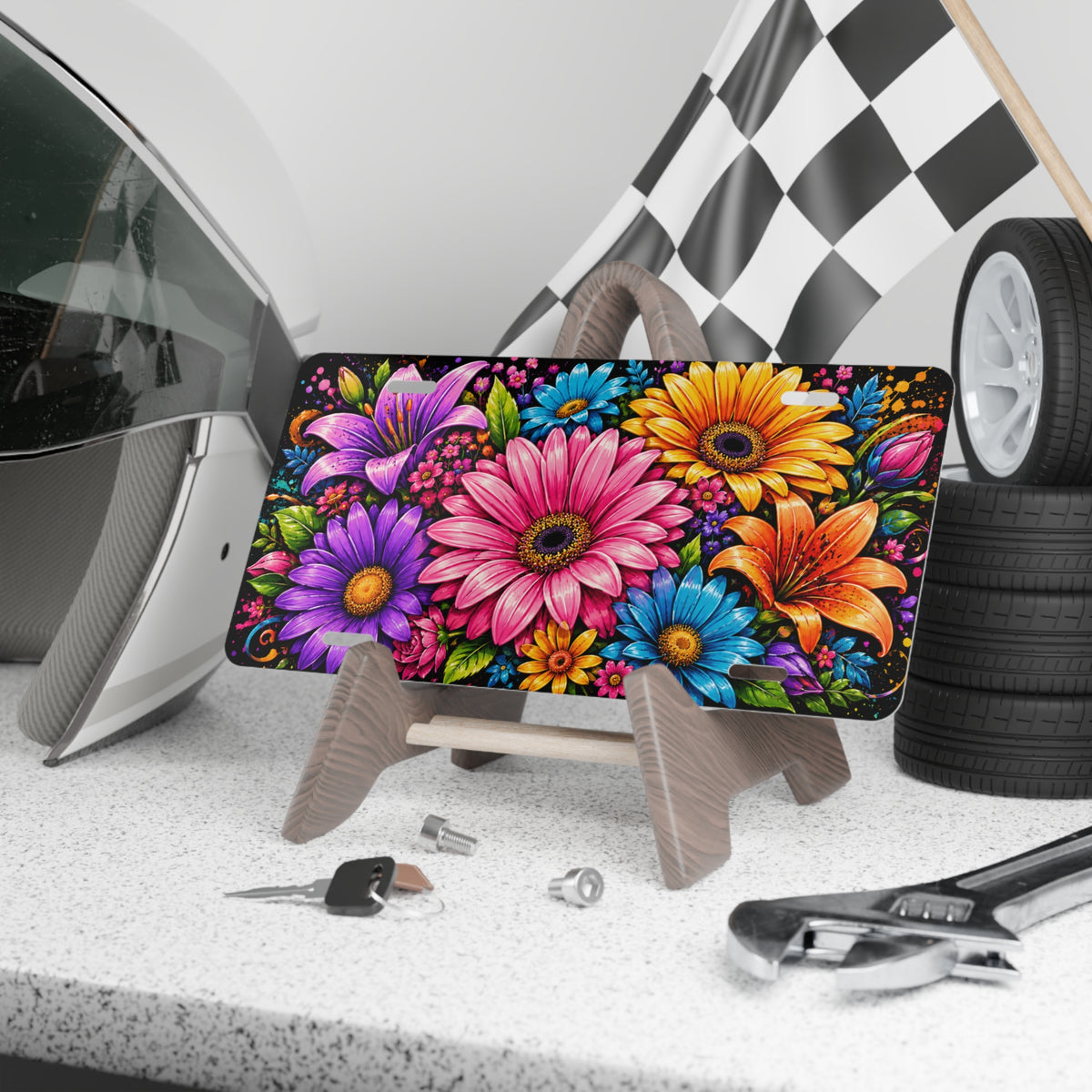 Floral Burst Vanity Plate — Colorful Flower License Plate