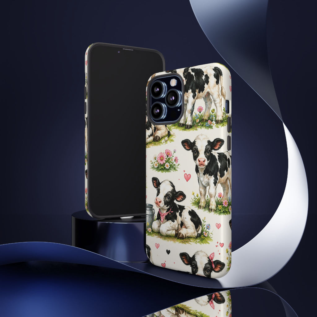 Cute Calf Pattern Phone Case – Pastel Cow Hearts & Flowers Protective Cover