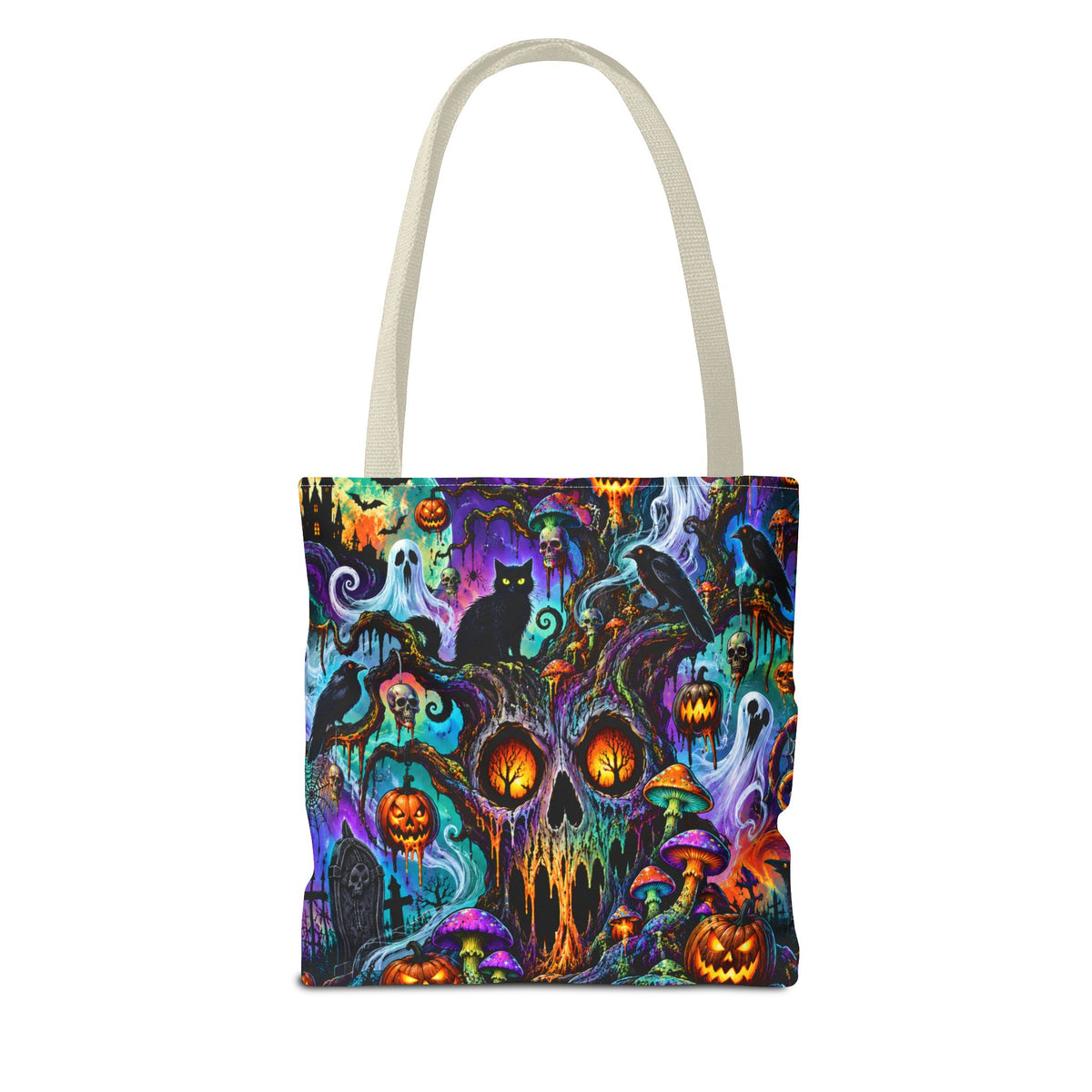 Halloween Haunted Pumpkin Tote Bag — Spooky Cat & Ghosts All-Over Print