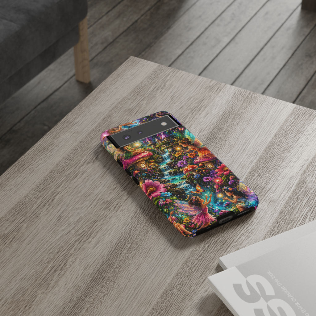 Fairy Garden Tough Phone Case — Whimsical Cottage, Waterfall & Mushroom Artwork