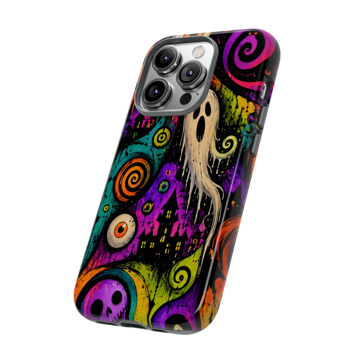 Halloween Ghost Phone Case — Colorful Spooky Skull & Haunted House Tough Case