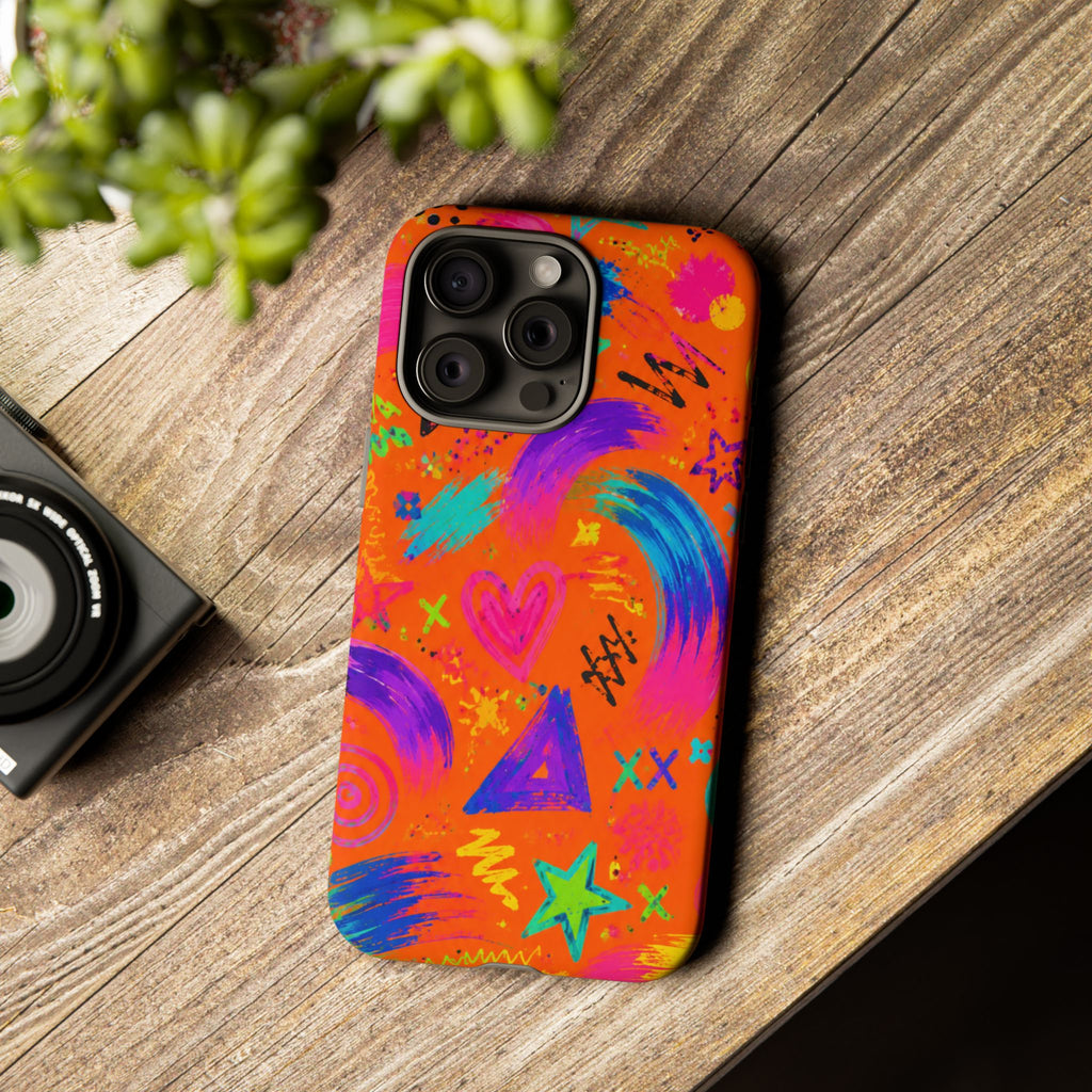 Colorful Neon Doodle Phone Case — Bright Abstract Stars & Hearts Tough Case