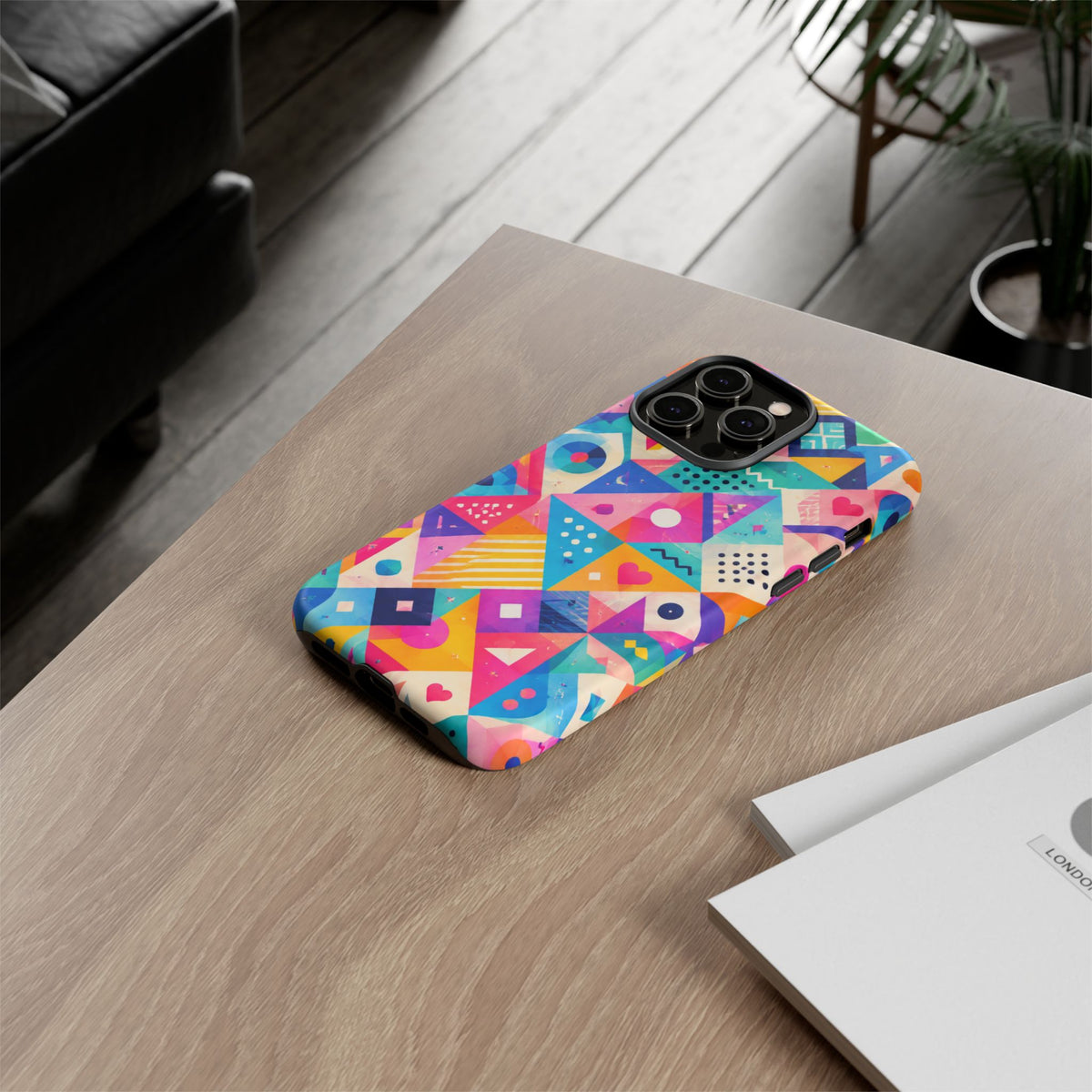 Colorful Geometric Tough Phone Case — Bright Abstract Heart & Triangle Pattern