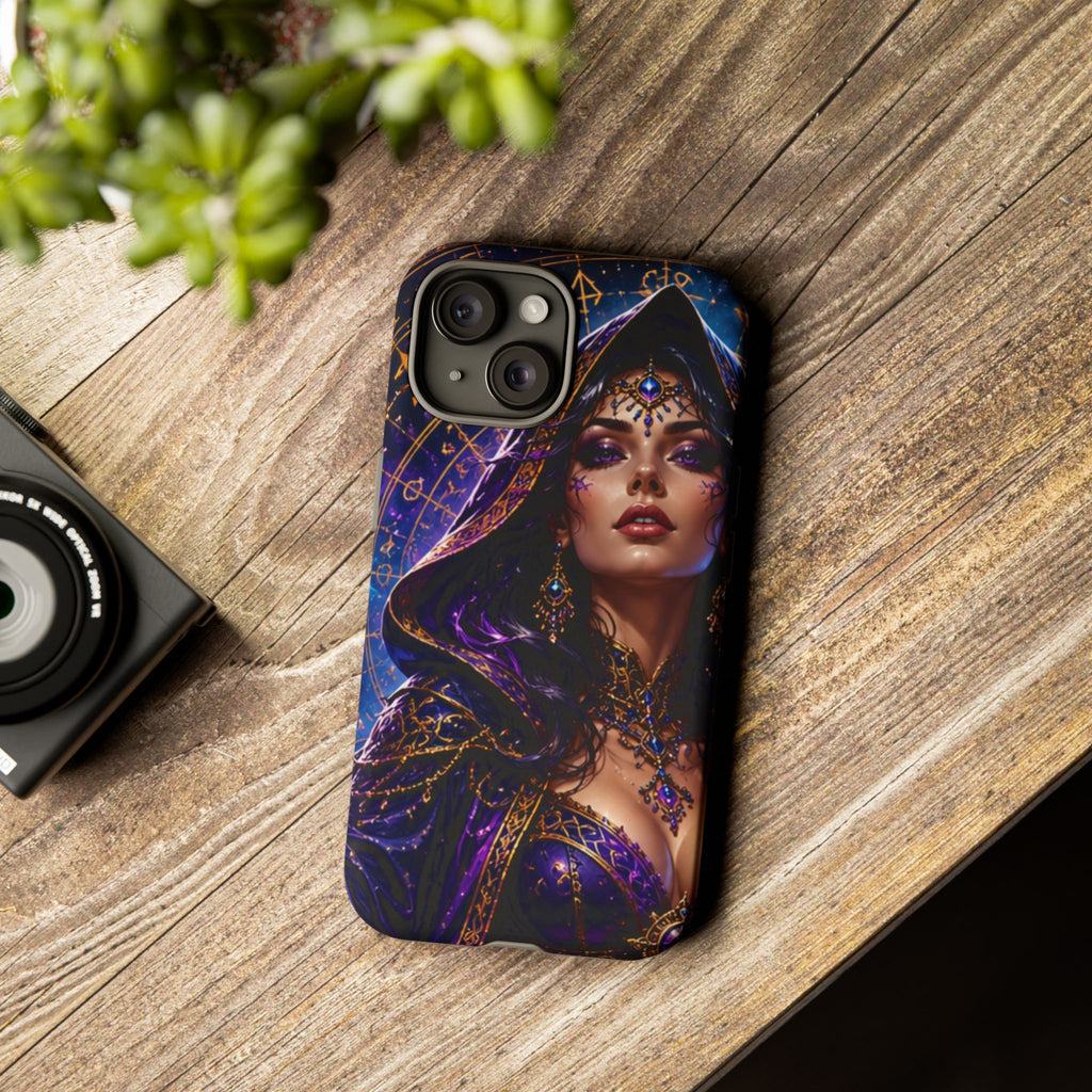 Phone Case — Mystical Sorceress Art Protective Tough Case (Astrology, Purple Hooded Witch)