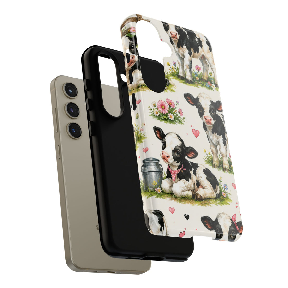 Cute Calf Pattern Phone Case – Pastel Cow Hearts & Flowers Protective Cover