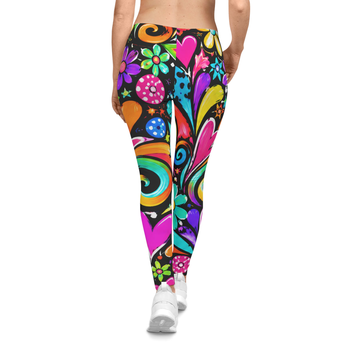 Colorful Heart & Floral Leggings — Women's Psychedelic All-Over Print