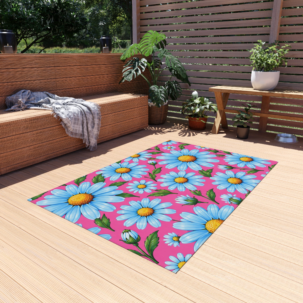 Daisy Bloom Outdoor Rug — Bright Blue Daisies on Pink Patio Mat